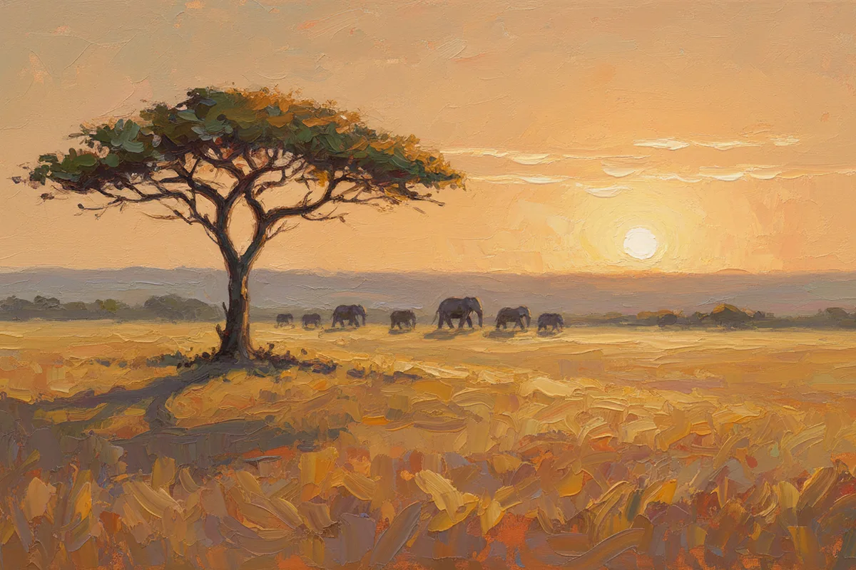 Painting of an East African savanna at golden hour, with a lone flat-topped acacia tree on the left, a small herd of elephants walking in a line across the plain, and a low glowing sun in a hazy orange sky above tall golden grass.