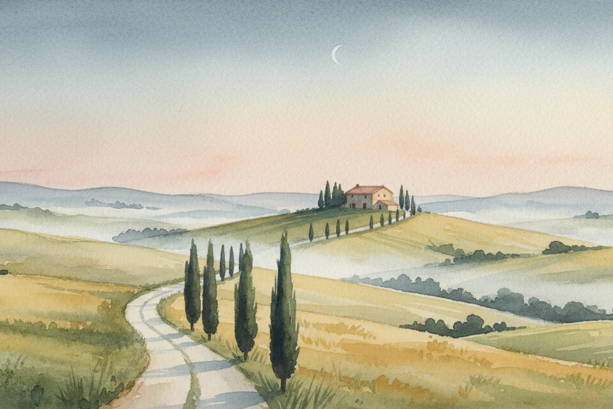 Watercolour painting of a pale gravel road winding up through rolling hills lined with tall dark cypress trees toward a stone farmhouse with a terracotta roof, with mist in the valleys, a pale rose dawn sky and a thin crescent moon.