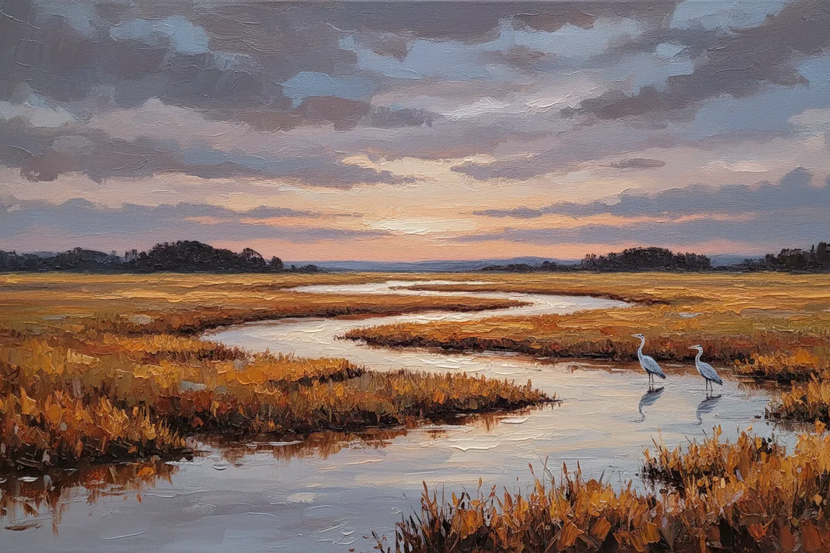 Painting of a tidal salt marsh at dusk, with a silver channel winding through copper and gold reeds, two grey herons standing in the shallow water on the right, a dark treeline on the horizon and heavy plum and slate clouds above a band of apricot light.