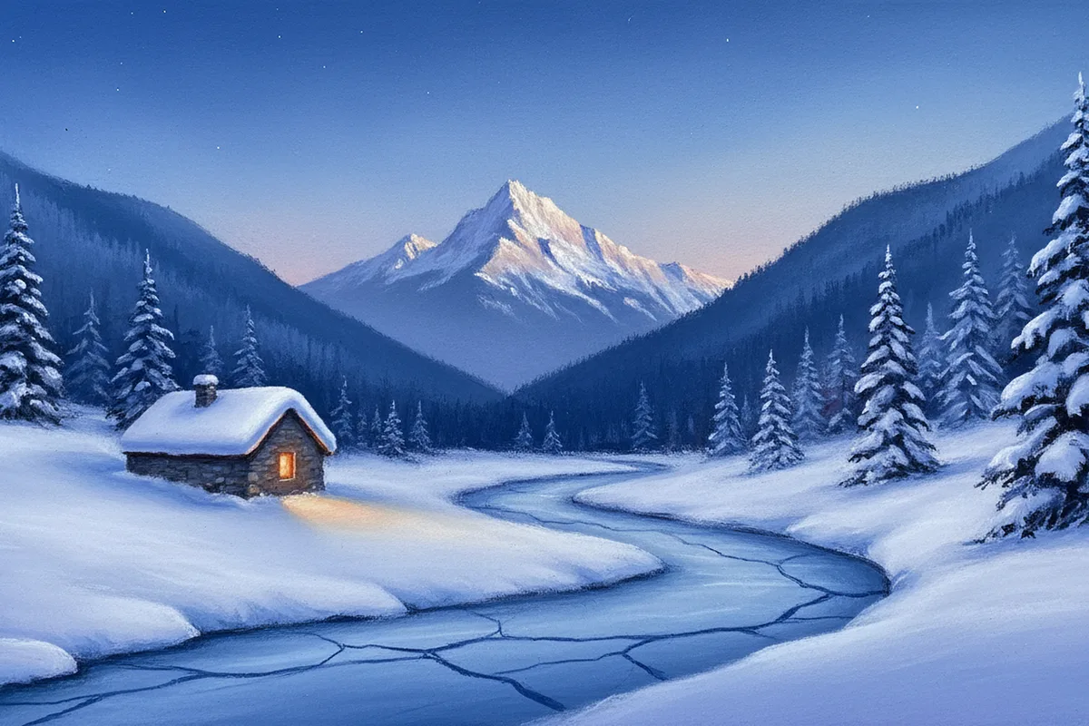 Pastel painting of a snowy mountain pass at blue hour, with a small stone hut with a snow-covered roof and a single glowing amber window, a frozen stream with cracked ice winding toward a tall snowy peak, and snow-laden pine trees on both sides under a deep blue sky with early stars.