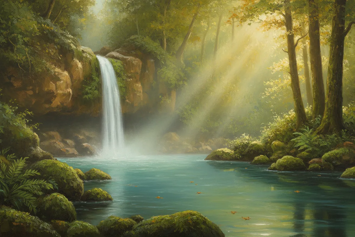 Oil painting of a hidden forest gorge in late morning, with a slender waterfall falling from honey-coloured rock into a calm turquoise pool, mossy boulders and ferns along the edges, tall tree trunks on the right and golden sunbeams slanting through mist, with a few amber leaves floating on the water.