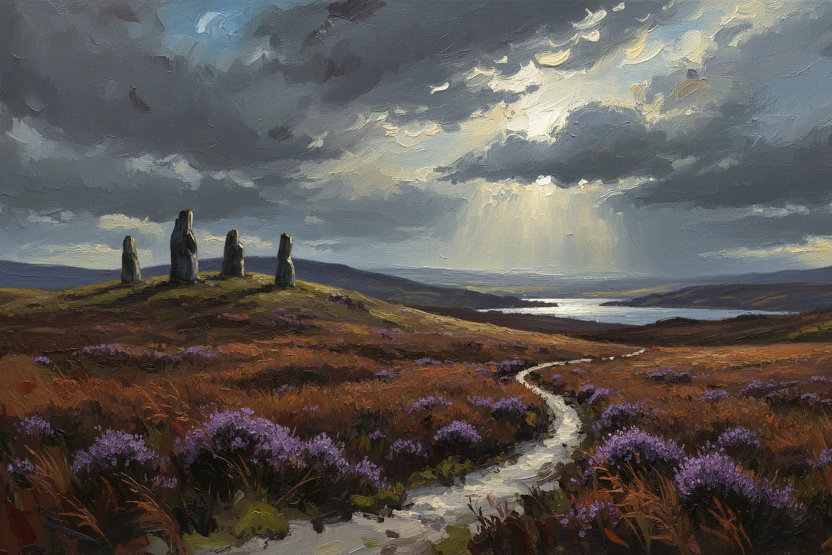 Painting of a windswept heather moor under a stormy sky, with four weathered standing stones on a ridge to the left, a pale wet track winding up from the foreground through violet heather and rust bracken, and a distant loch on the right lit by a shaft of silver-gold light breaking through dark clouds.