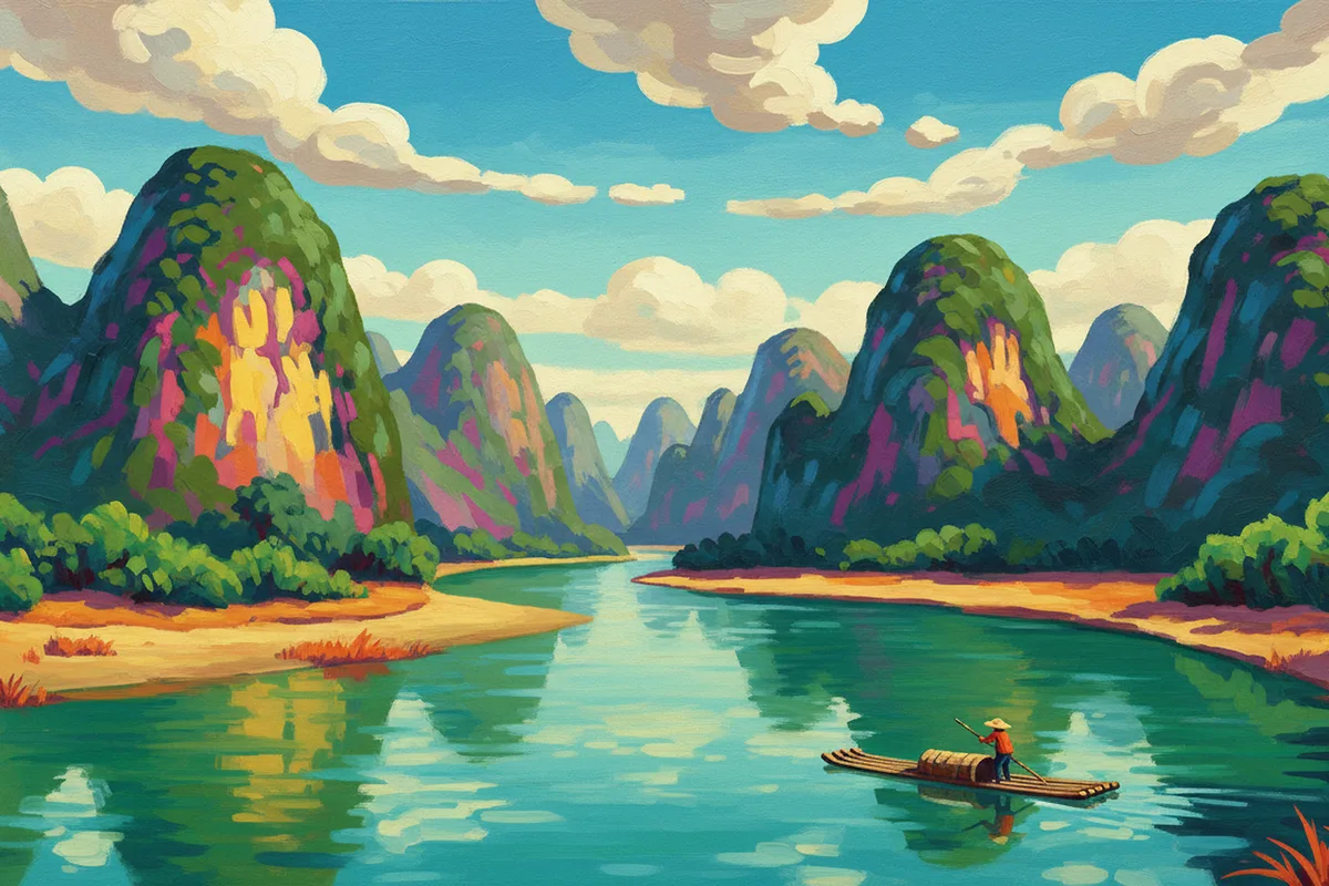 Brightly coloured painting of a jade-green river winding between tall rounded limestone peaks streaked with emerald, gold, pink and violet, with sandy banks, white clouds in a blue sky, and a small bamboo raft on the right poled by a figure in a straw hat.