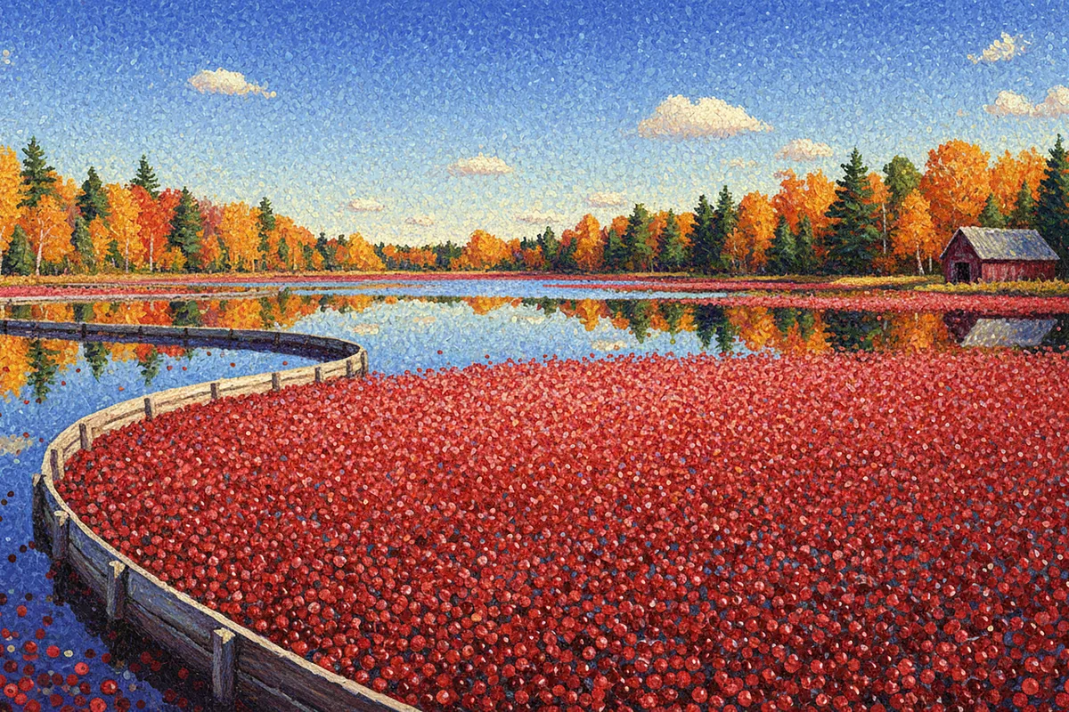 Pointillist painting of a flooded cranberry bog at harvest, with a vast area of floating crimson berries held by a curving wooden boom, open blue water reflecting golden tamaracks, orange maples and green pines, a small red barn on the right bank and a few white clouds in a blue sky.