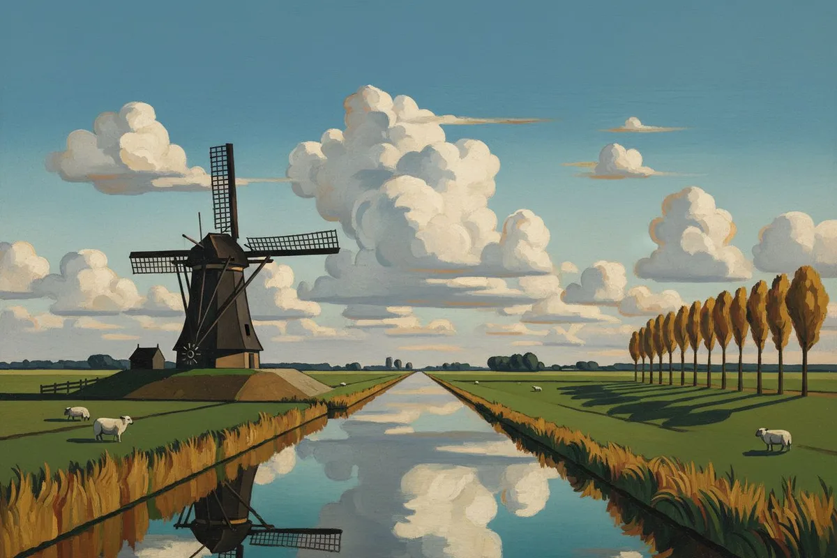 Painting of a flat Dutch polder in autumn, with a dark wooden windmill and a small cottage on a dyke at the left, a long straight canal running to the horizon and reflecting tall white cumulus clouds, a row of golden poplars casting long shadows on the right, white sheep grazing and gold reeds along the banks.