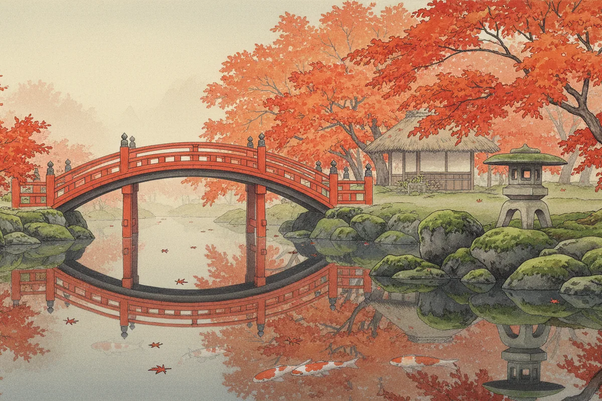 Painting of an autumn Japanese garden in morning mist, with a vermilion arched bridge over a still pond whose reflection forms an oval, red and orange maple trees, mossy boulders and a stone lantern on the right, a thatched tea pavilion behind, and koi with fallen maple leaves in the water.