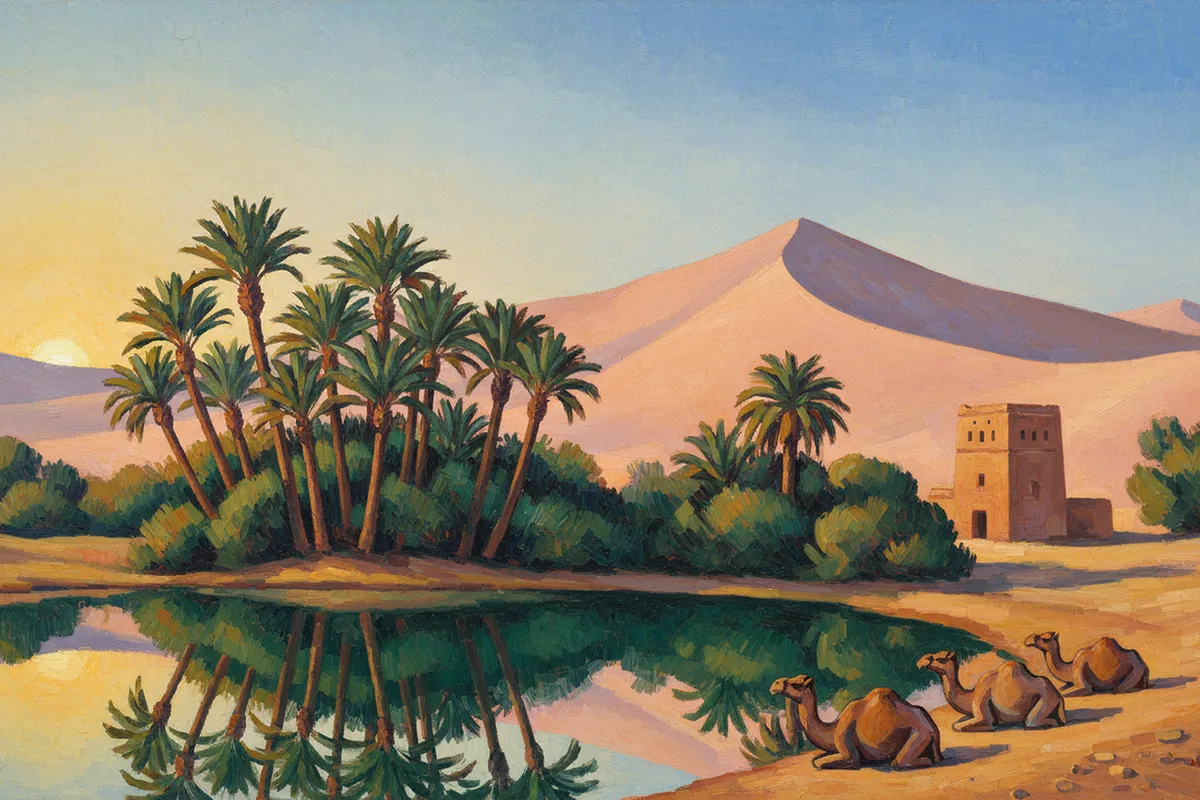 Painting of a desert oasis at dawn, with a still teal spring reflecting a grove of date palms, a tall rose-coloured sand dune behind, a small mud-brick tower among the palms on the right, three camels resting at the water's edge in the lower right, and a low sun glowing on the left.