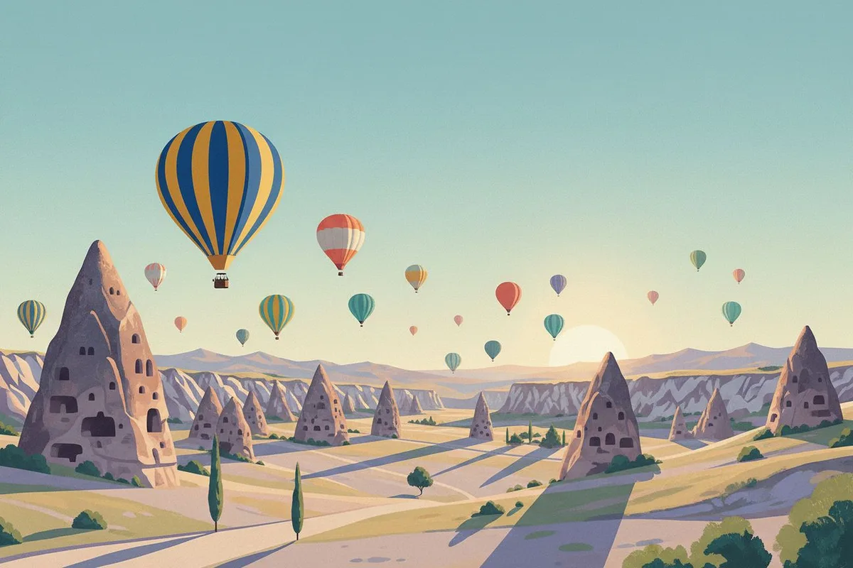 Travel-poster style painting of a valley of tall cone-shaped rock chimneys with carved cave windows at sunrise, with a large cobalt and mustard striped hot-air balloon at upper left and many smaller coral, teal and cream balloons drifting across a pale mint sky, a low sun on the right, long lilac shadows, a winding path and slender poplars in the foreground.