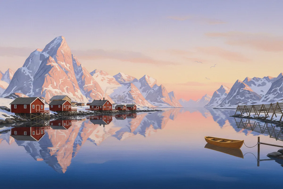 Painting of red wooden fishing cabins on stilts along a still blue fjord at dawn, with snowy peaks glowing pink behind them, drying racks on the right and a small ochre rowing boat in the foreground.