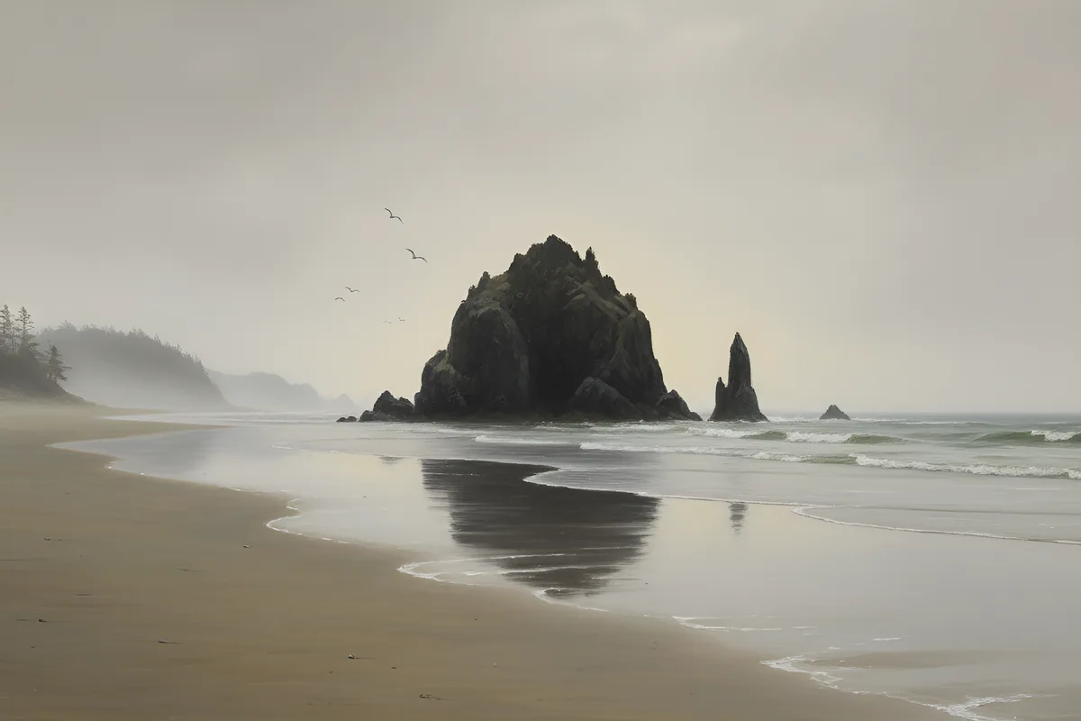 Painting of a Pacific Northwest beach at low tide on a misty day, with a large dark basalt sea stack and a slender rock spire standing in the shallows, a long silver reflection in the wet sand, gentle lines of surf, a few seabirds circling, and a spruce-covered headland on the left fading into the fog.
