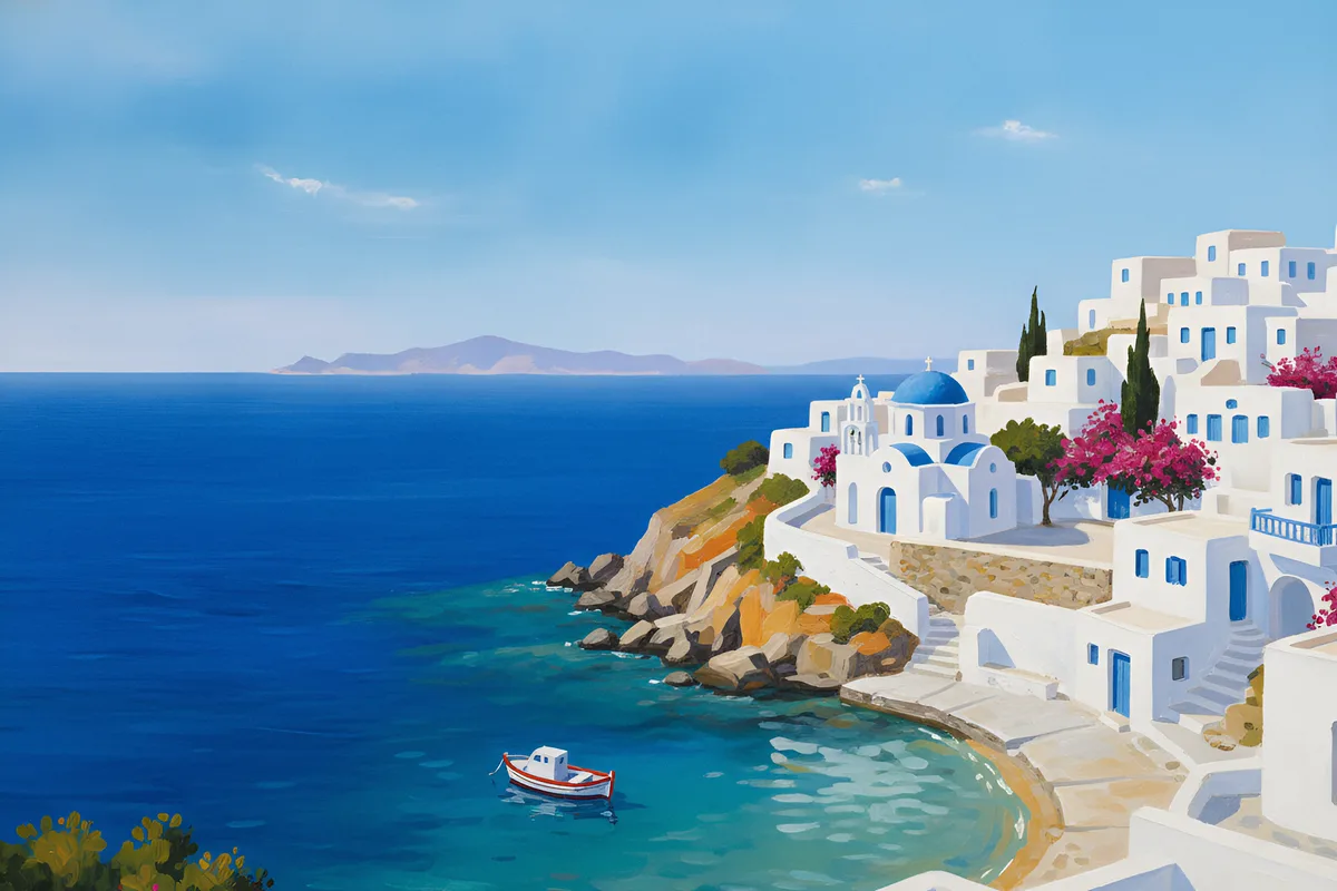Painting of a whitewashed Greek island village climbing a sunlit hillside above a deep blue sea, with a white chapel and cobalt dome at its heart, pink bougainvillea, cypress trees, a turquoise cove and a small red-and-white boat.