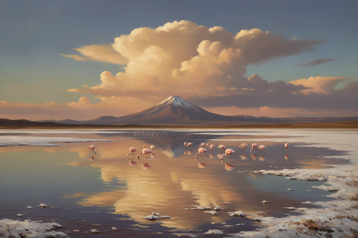 A calm oil painting of a shallow salt lagoon at golden hour. Pink flamingos wade in the still water, their reflections mixing with the glowing reflection of a huge amber cloud. A snow-dusted volcano sits at the centre of the horizon, and white salt crusts edge the shore in the foreground.