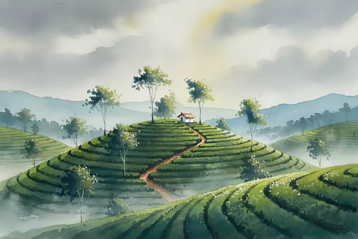 A watercolour landscape of a round green hill striped with curving rows of tea bushes. A narrow red-earth path climbs to a tiny white shelter with a terracotta roof at the summit, with slender trees around it, misty valleys, blue ridges beyond and grey clouds opening to pale gold light.
